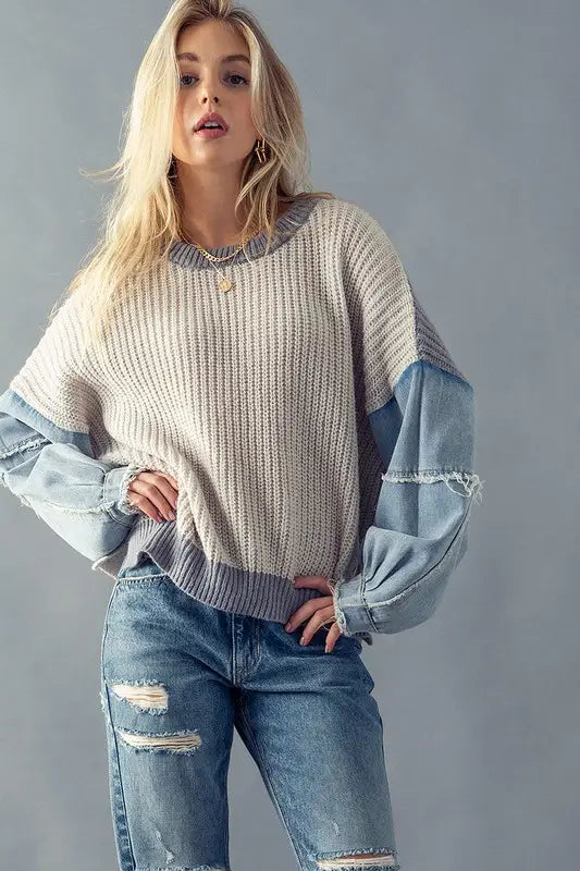 Denim Sleeve Knit Sweater